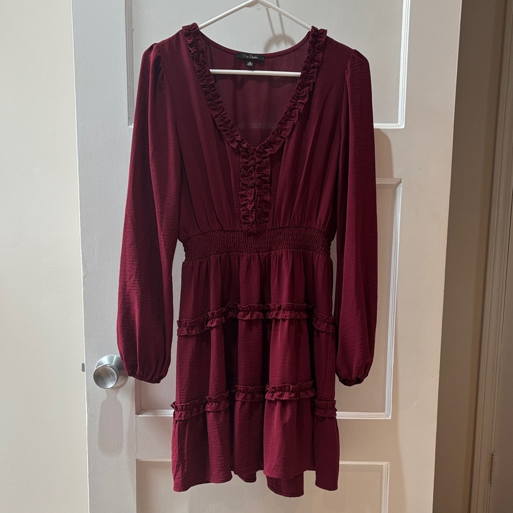 City Studio Burgundy Ruffled V-Neck Long Sleeve Dress